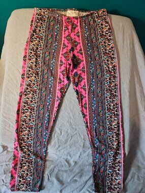 Pony Tails Floral Paisley Leggings Pink Boho Multi Pattern Made in USA Large